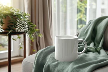 White mug mockup in living room setting