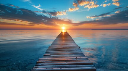 Beautiful sunrise over the sea with a wooden pier, blue sky and calm water in summer time