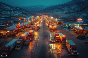 An aerial view of a bustling truck stop at twilight, with rows of parked semi-trucks and the glow of neon signs illuminating the scene