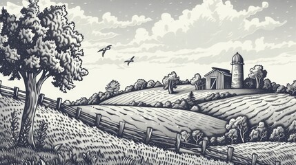 Fototapeta premium Landscape of rural farmlands with hand-drawn engraving style illustrations.