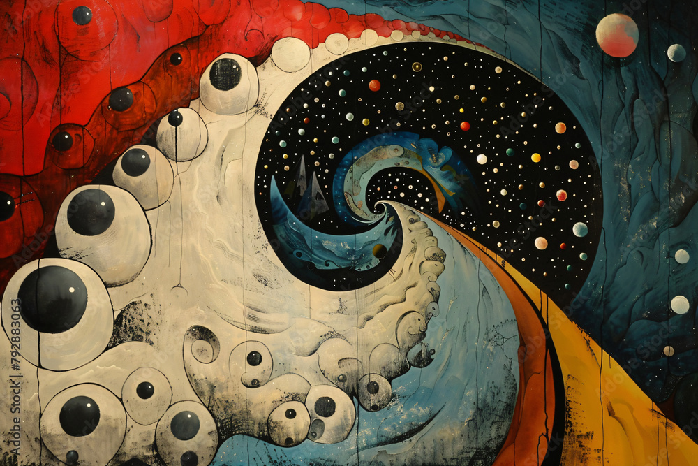 Poster abstract swirls with circles and dots in a cosmic wave on textured background. modern art expression