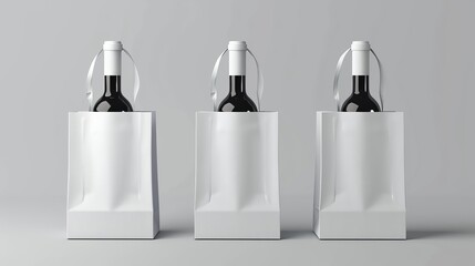 Template set of blank wine bags with handles in 3D rendering on light grey background - obrazy, fototapety, plakaty