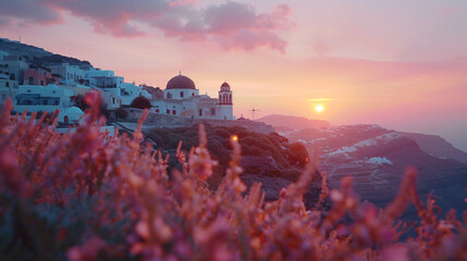 Beautiful pink sunset at Santorini island Greece. 