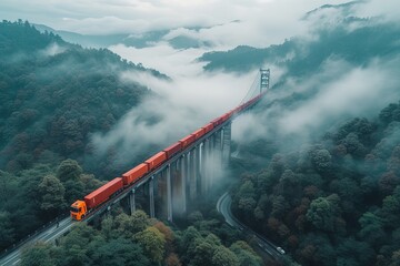 An aerial view of a convoy of semi-trucks crossing a stunning suspension bridge, with cables disappearing into the clouds - obrazy, fototapety, plakaty