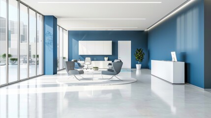 Modern minimalist white and blue color on open space room office interior design. AI generated image