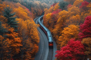 An aerial view of a train winding its way through a dense forest, with vibrant autumn foliage - obrazy, fototapety, plakaty