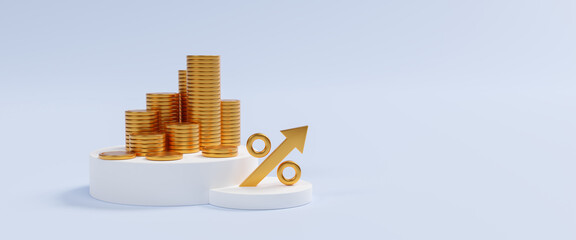 Growth financial business investment market of growth golden coin stack currency money profit finance concept. Increasing arrow and stack of money as financial saving rising. 3d rendering illustration