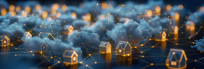 Digital community, smart homes and digital community. DX, Iot, digital network in society concept. suburban houses at night. Hand edited AI. - obrazy, fototapety, plakaty