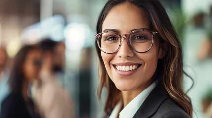 Portrait happy smiling businesswoman in glasses on meeting room office background. AI generated