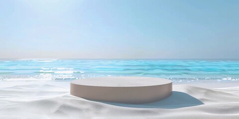 Beach podium background product, summer background, sand, product, sea display platform. Stand, stage, sale, sky, holiday, vacation, water, sun, travel, presentation