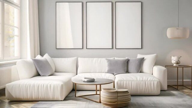 video one photo frame in modern living room with white sofa