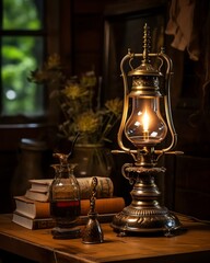Fototapeta na wymiar Antique oil lamp placed on an antique wooden table, evoking nostalgia and the charm of early 20thcentury home decor