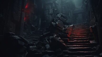 An eerie image of a dilapidated stone stairway leading down to a foreboding, mistshrouded underworld, with faint red light at the bottom - obrazy, fototapety, plakaty