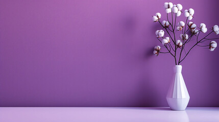 Minimalist purple background with white vase and cotton branches. Copy space. Generative AI	