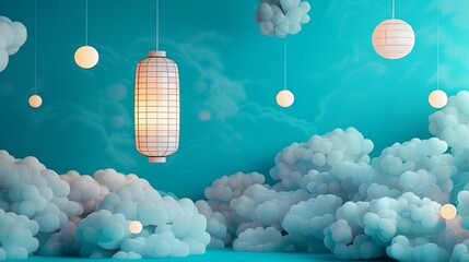 Paper lantern and clouds on turquoise background - obrazy, fototapety, plakaty