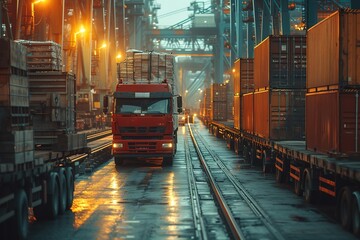 An industrial shipping port with a variety of cargo being loaded onto flatbed trucks, including containers, heavy machinery, and steel beams