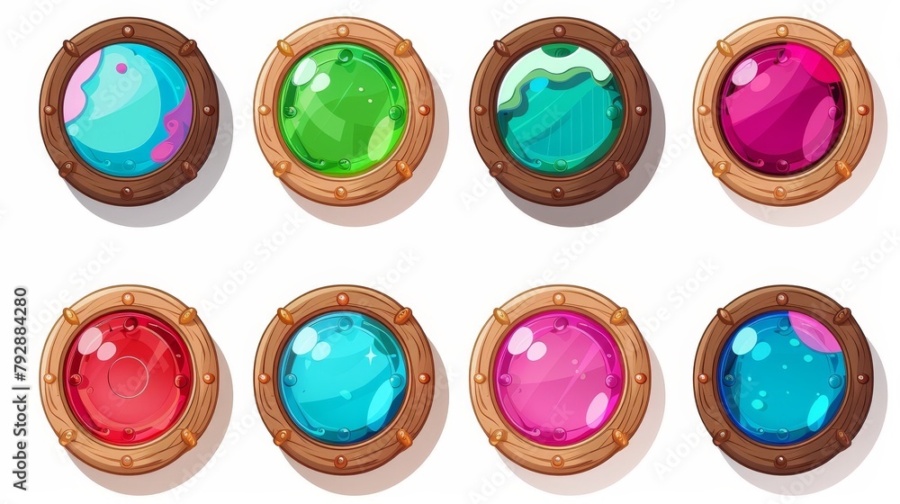 Poster web buttons with wooden frames and icons. modern cartoon set with blue, green, red and pink ui eleme