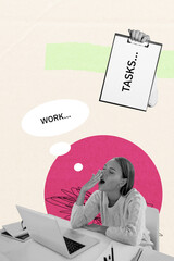Vertical collage picture of black white colors arm hold work tasks clipboard tired girl use laptop...
