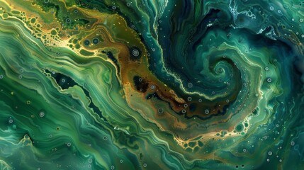 A microscopic view of a large algal bloom with small s of cells forming a swirling pattern. The vibrant colors of the algae appear