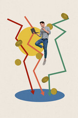 Vertical collage picture of mini rich guy use laptop flying big money coins arrow pointers isolated...