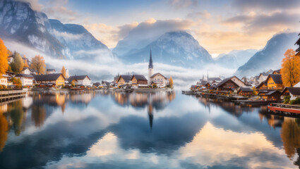 A mountain village sits on the edge of a lake in a valley - obrazy, fototapety, plakaty