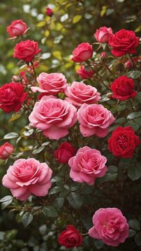 Vibrant display of roses in full bloom dominates image, showcasing mix of deep red, soft pink petals that unfold gracefully against backdrop of lush greenery. Each rose.