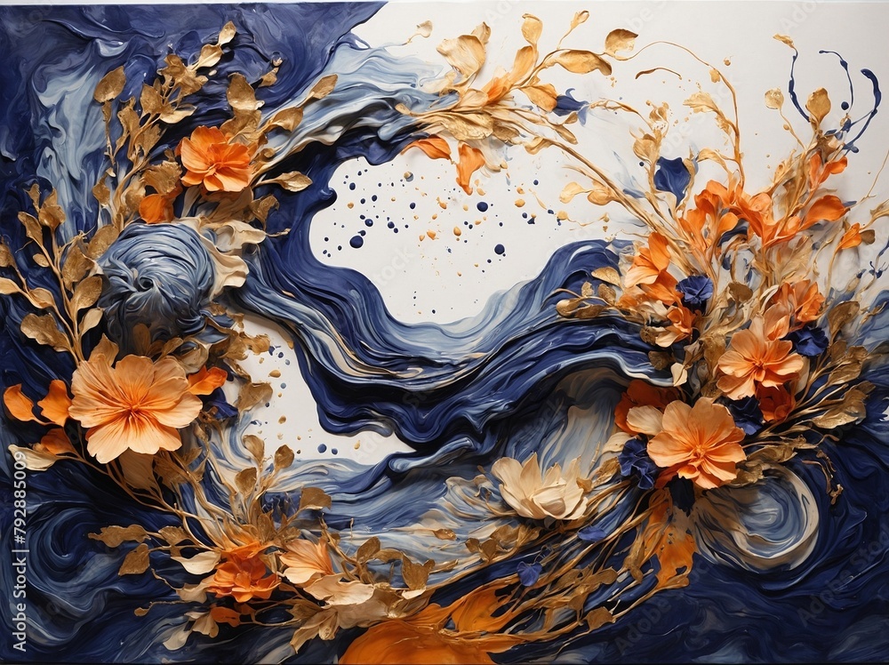Poster mesmerizing swirl of deep blue, white forms dynamic backdrop, where golden, orange flowers bloom ami