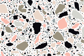 Seamless terrazzo pattern. Vector illustration Background for print home decor, interior, fabric, textile, paper, packaging, covers. Imitation of the surface of a stone floor made of granite particles