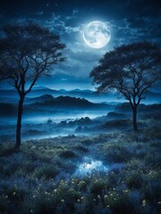Fototapeta na wymiar Full moon casts silvery glow upon mystical landscape, illuminating misty grounds, silhouette of distant mountains. Two barren trees stand as silent sentinels.