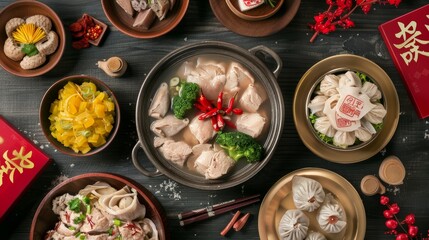 With other lavish dishes in top view angle, a Chinese text translation translates reunion dinner as "chicken soup" inside the Chinese word spring