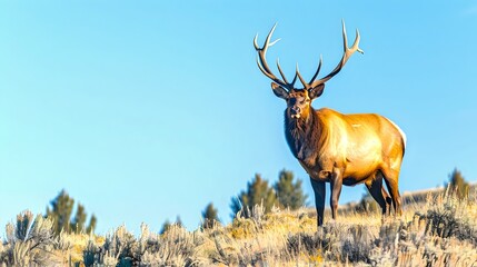 Majestic Elk Standing Proud in Wilderness Terrain. Vibrant Wildlife Photography, Perfect for Nature Enthusiasts. Serene Natural Landscape with Clear Blue Sky. AI