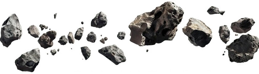 A detailed view reveals a cluster of asteroids, their rugged, cratered surfaces illuminated against the stark white of space. mystery and timeless beauty of these celestial relics