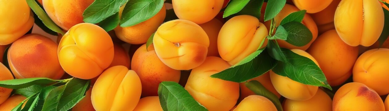 Summer's sweet delight, Ripe apricots gleam with their velvety skin and sun kissed orange hues. Fresh green leaves accentuate this image, promising juicy sweetness and peak-season flavor