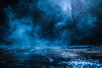 Mystical blue smoke on a wet, reflective surface. Abstract concept for mystery and fantasy. Design for music album cover, atmospheric background. Close-up shot with depth of field
