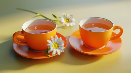 In 3D illustration, two cups of tea, one filled with tea and Chamomile flowers in saucer and one empty.