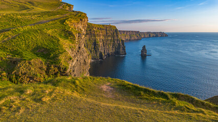 Aerial landscape cliffs of Moher at sunset in County Clare. Ireland
