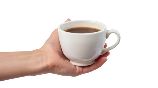 Closeup hand holding coffee cup drink solated white background. AI generated image