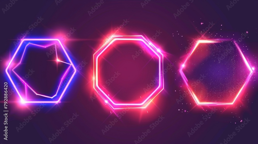 Poster the neon frames and light banners are hexagonal in shape. futuristic digital frames have gradient co