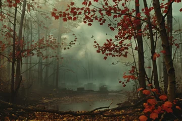  Eerie autumn forest with fog and abandoned graveyard. Halloween and supernatural concept. Design for thriller book cover, spooky game background. Mysterious landscape composition © Alexey