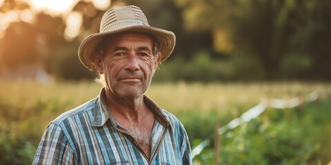 A farmer man wearing a straw hat and a blue shirt is smiling
