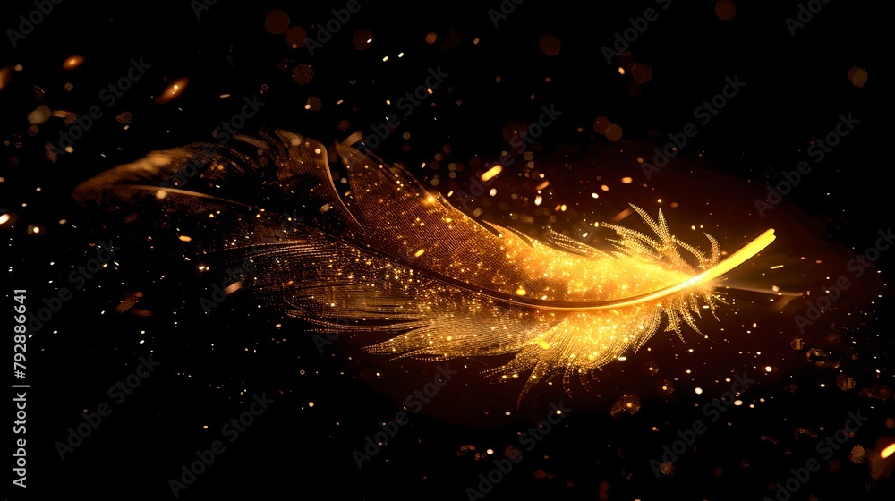 Poster glowing feather floating in a dark space filled with sparkling particles. magic and fantasy concept 