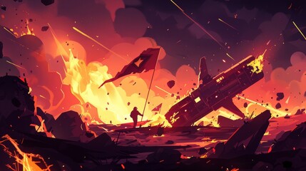 UFO crash on alien planet. Futuristic space landscape with broken metal shuttle in fire after wreck and silhouette of man with flag. Modern cartoon illustration.