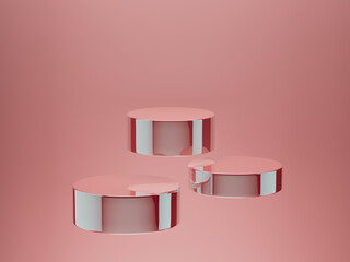 Abstract scene mockup - three round pink polish glossy cylinder podiums for cosmetic products flying on pink background. For presentation skin care products, advertising in perfect exquisite style.