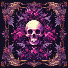 Illustration of a skull in a dark floral frame with purple accents. Digital art.