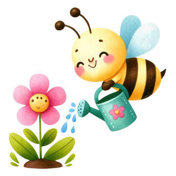 A cute bee watering a flower.