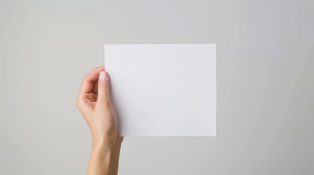 Closeup hand holding a white blank paper isolated white background. AI generated image