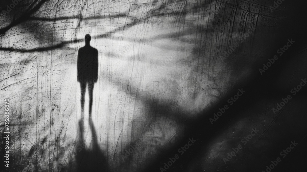 Poster a figure stands amidst a backdrop of shadows creating a stark and almost haunting image that evokes 