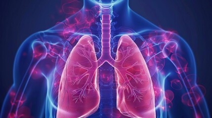 Illustration of a human respiratory system with visible signs of disease, ideal for medical textbooks and health education materials - obrazy, fototapety, plakaty