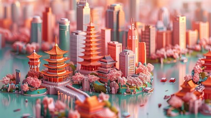 A charming China illustration captures the iconic landmarks and ambiance of this city in an adorable isometric style, Generated by AI