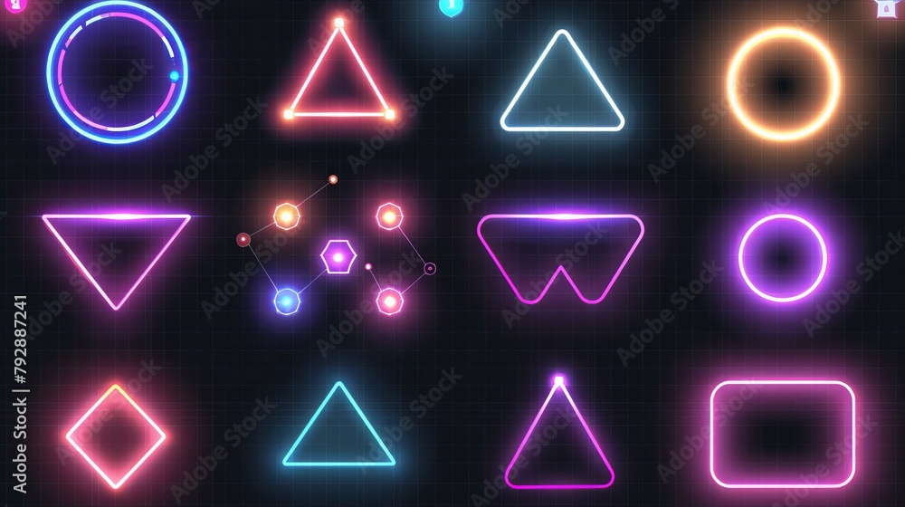 Aufkleber an empty frame and neon geometric figures set on a transparent background. illustration of colorful 